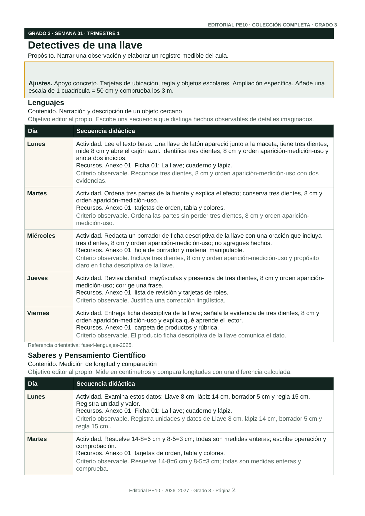 Página interior real del paquete anual de 3.er grado