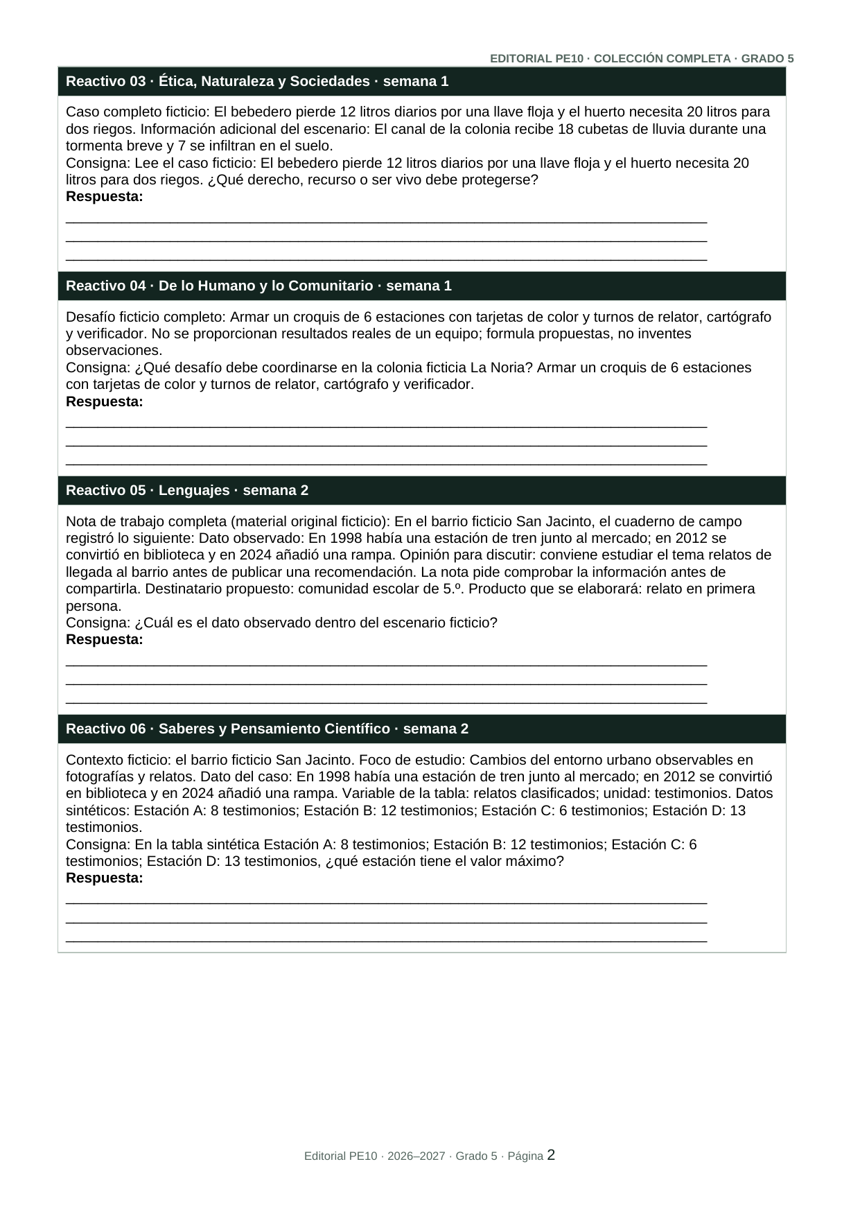 Página interior real de los exámenes trimestrales de 5.º grado