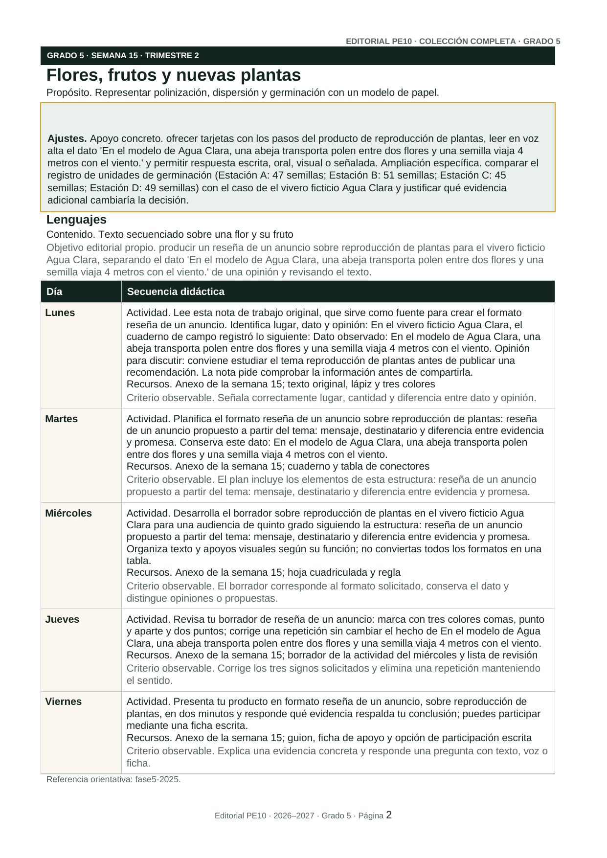 Página interior real de la planeación de 5.º grado, trimestre 2