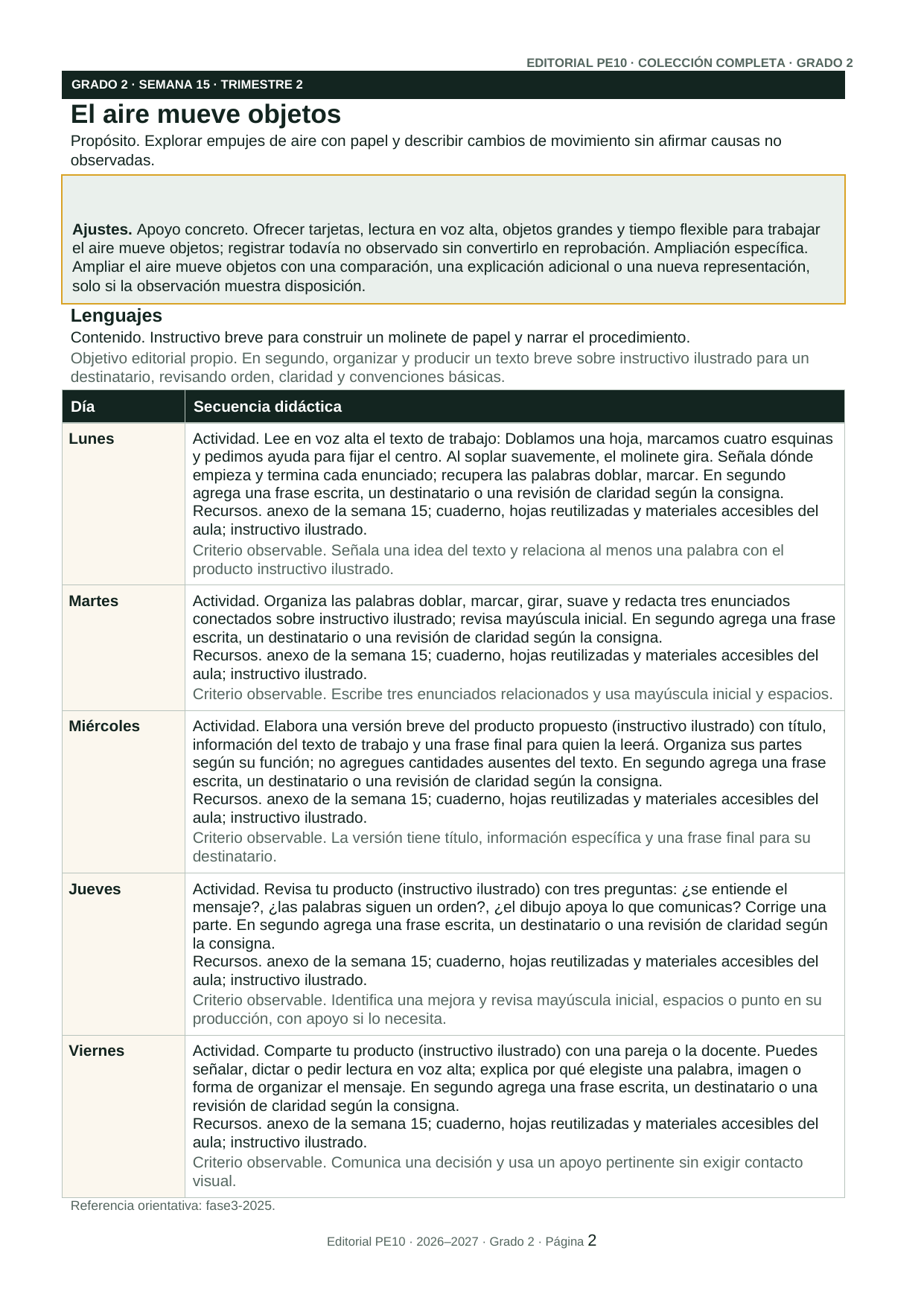 Página interior real de la planeación de 2.º grado, trimestre 2