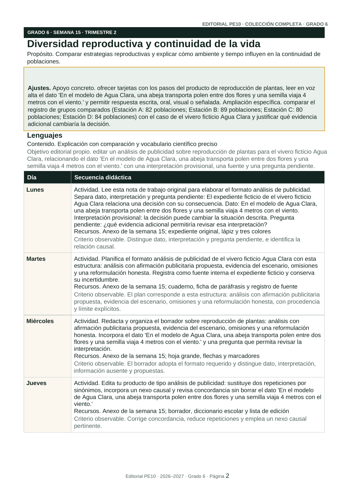 Página interior real de la planeación de 6.º grado, trimestre 2