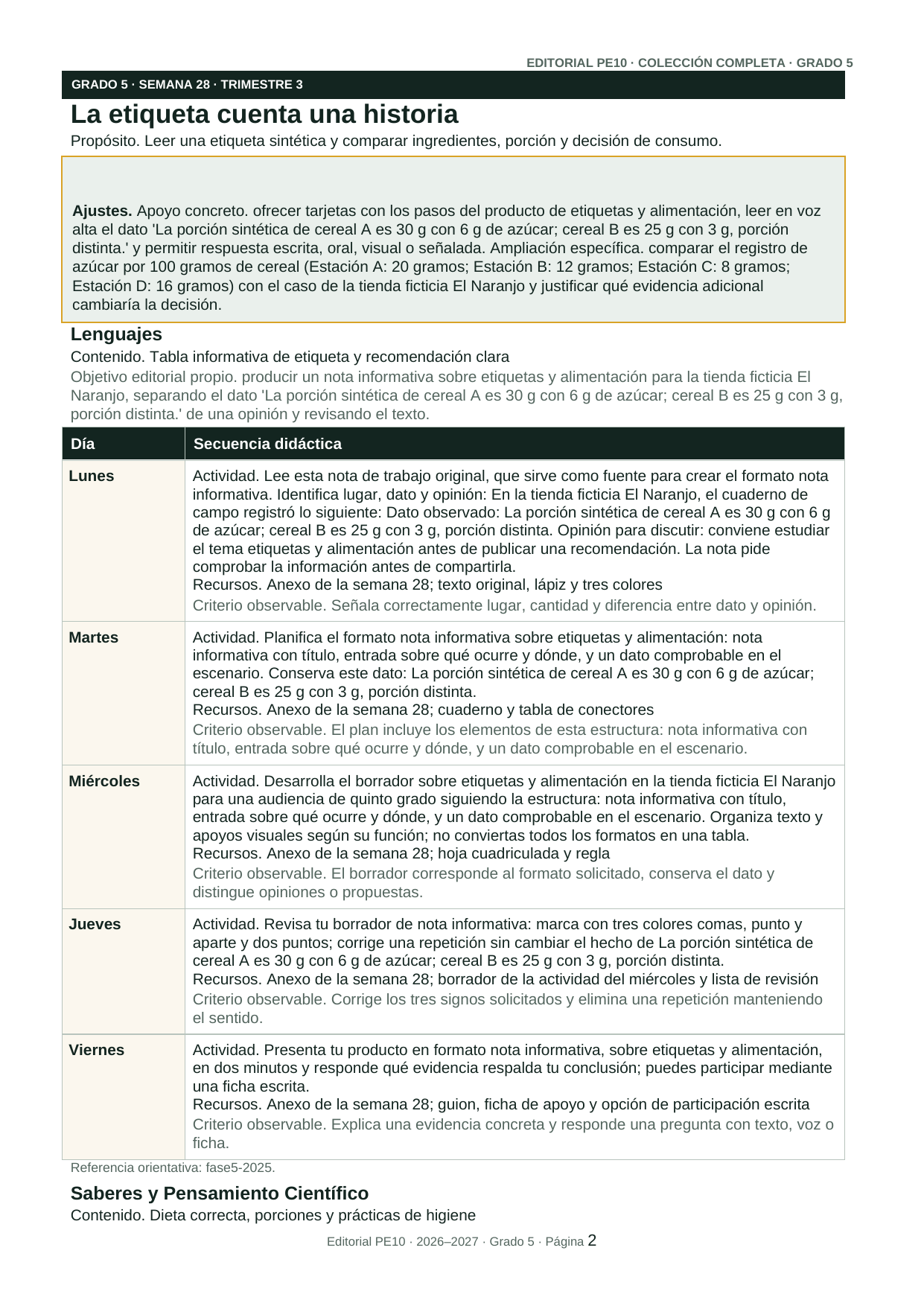 Página interior real de la planeación de 5.º grado, trimestre 3