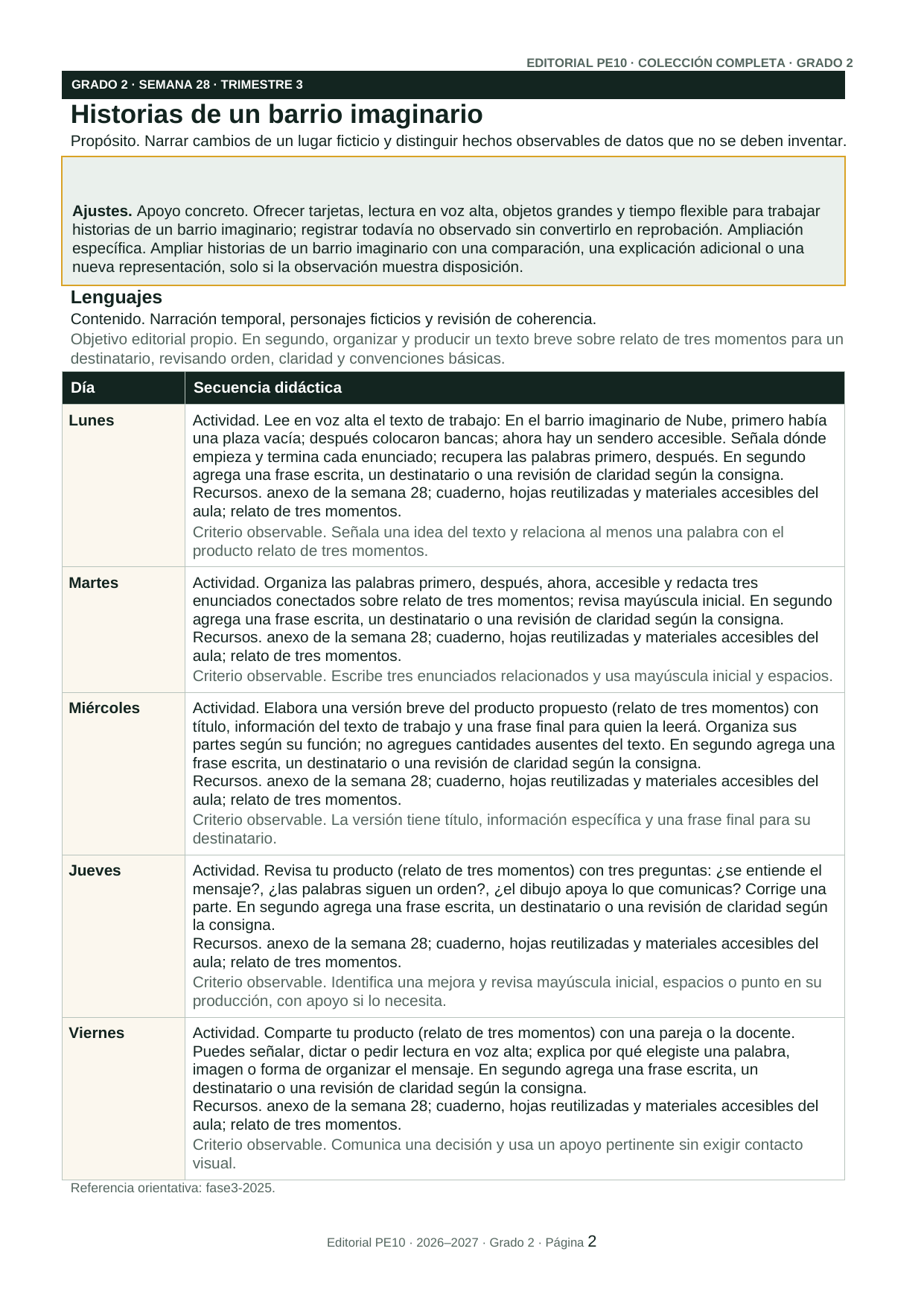 Página interior real de la planeación de 2.º grado, trimestre 3