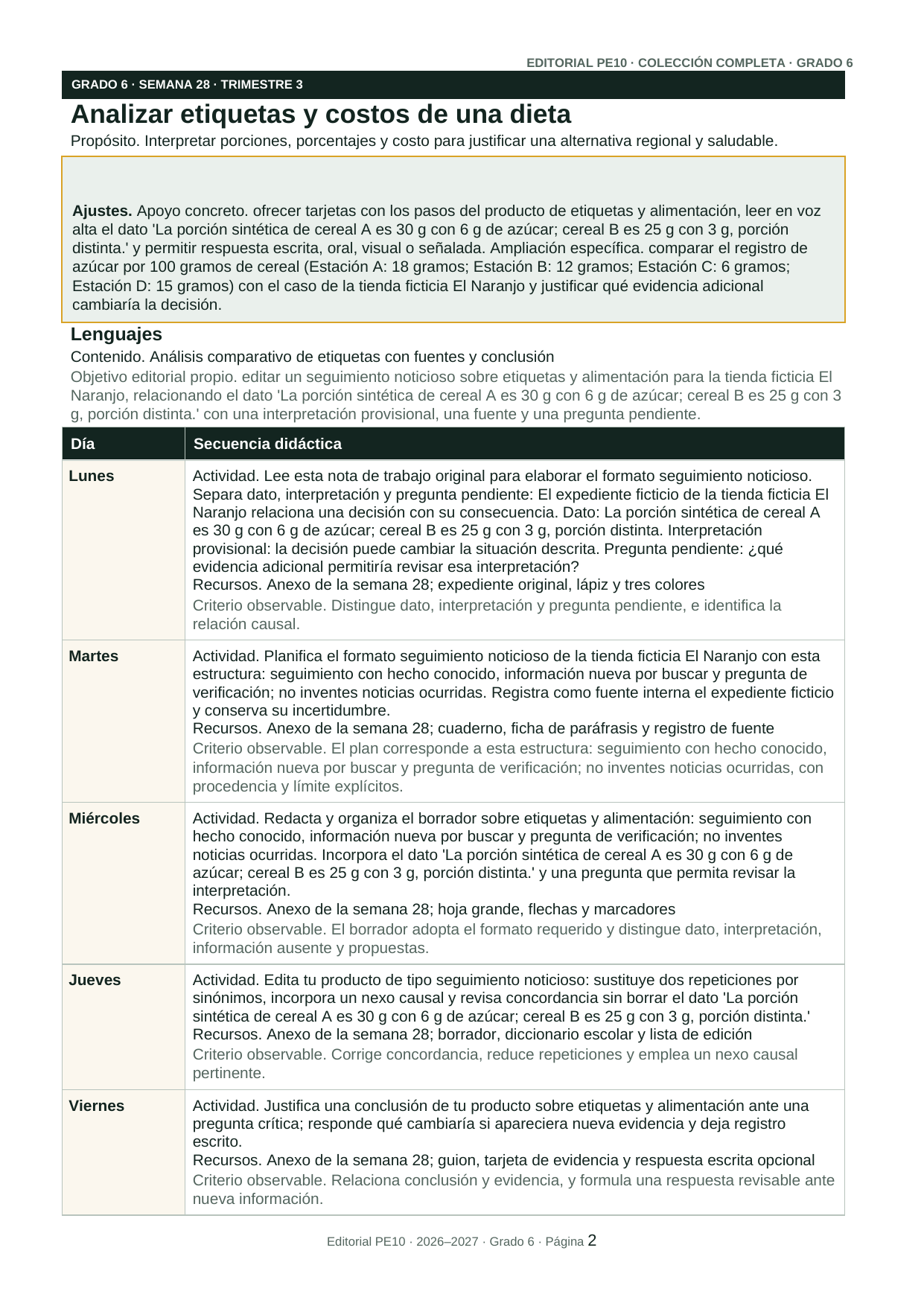 Página interior real de la planeación de 6.º grado, trimestre 3