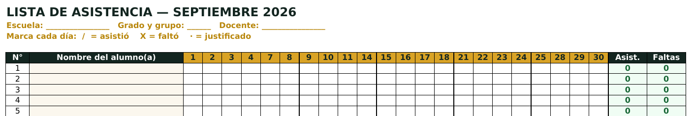 Muestra parcial del PDF imprimible: cabecera de septiembre y cinco filas