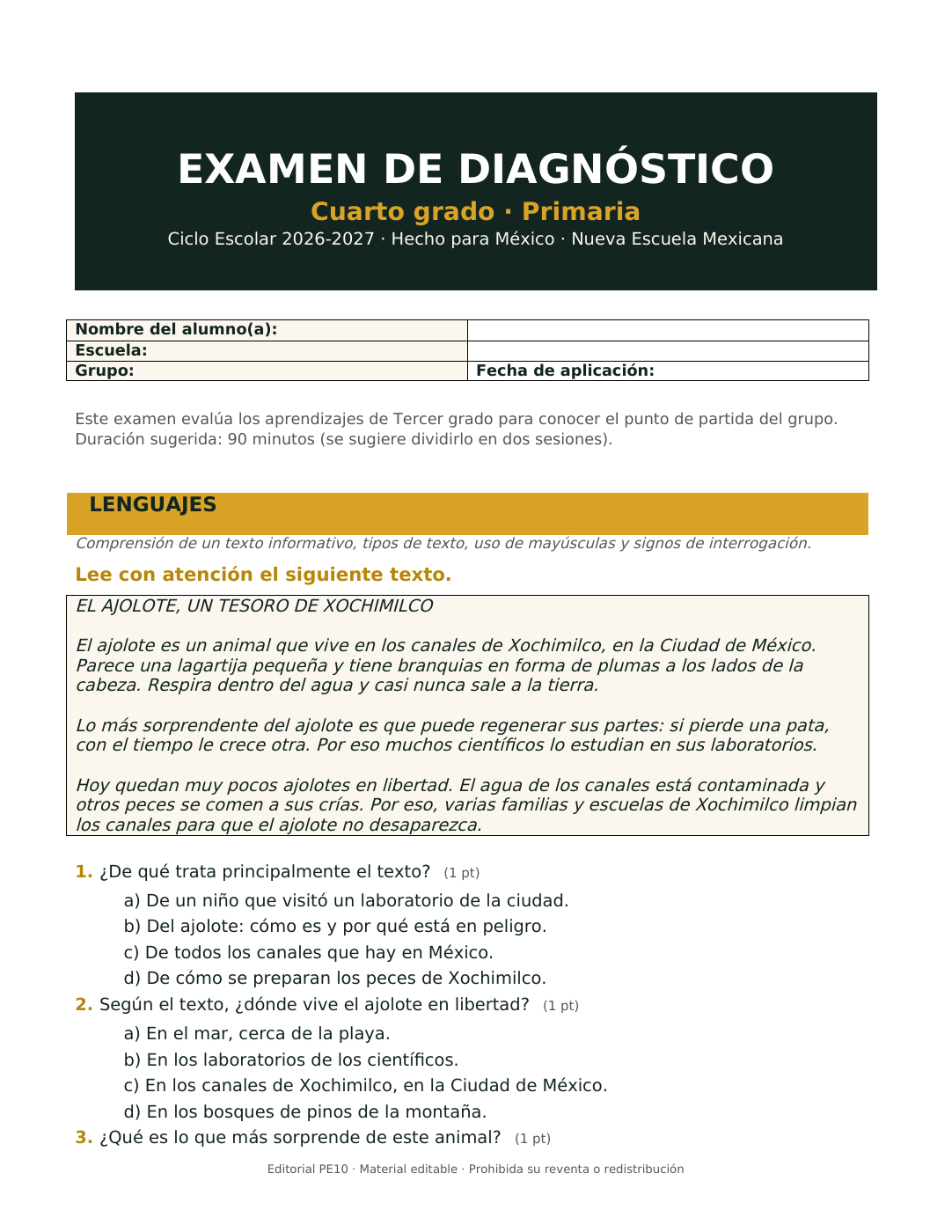 Muestra de Examen de Diagnóstico Cuarto Grado 2026-2027; primera página del PDF.