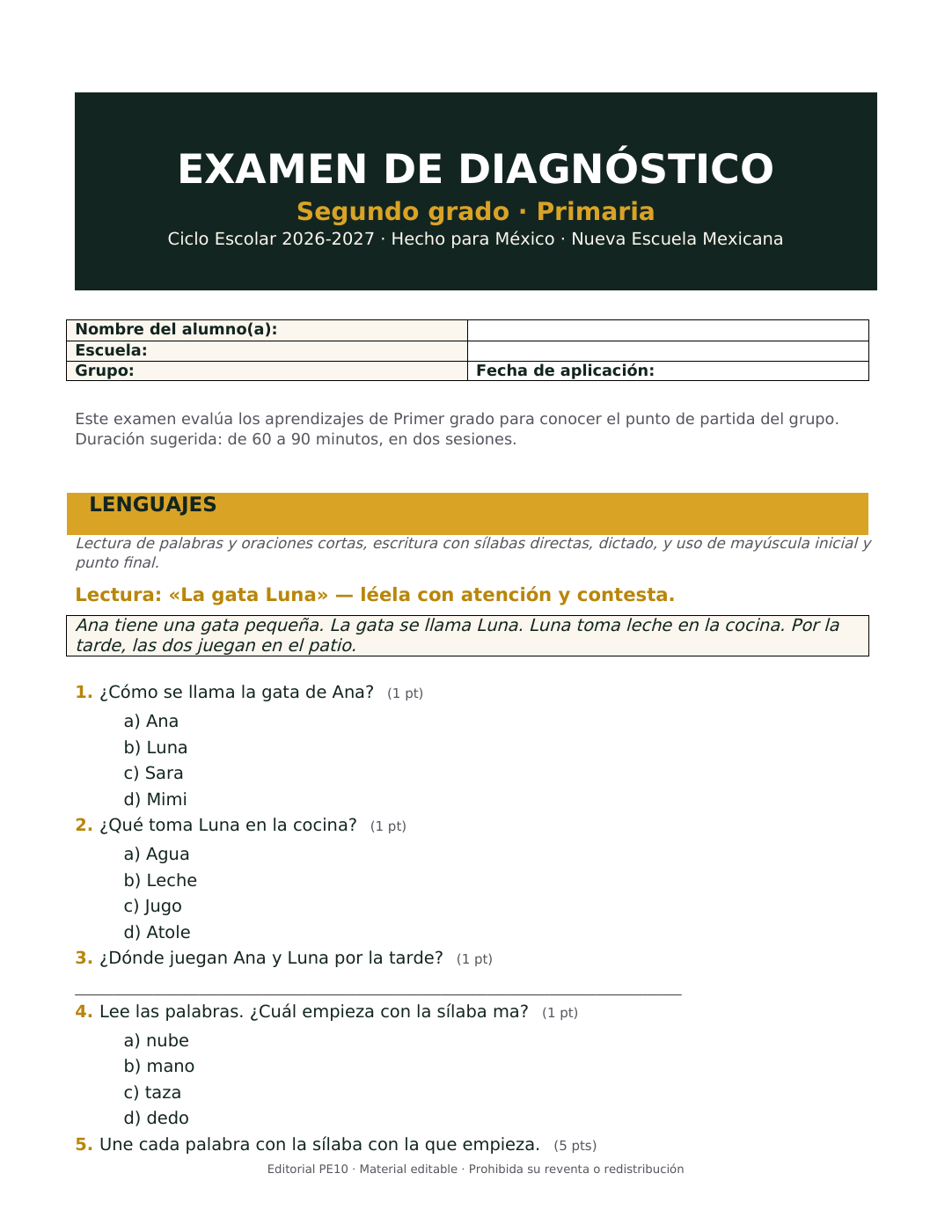 Muestra de Examen de Diagnóstico Segundo Grado 2026-2027; primera página del PDF.