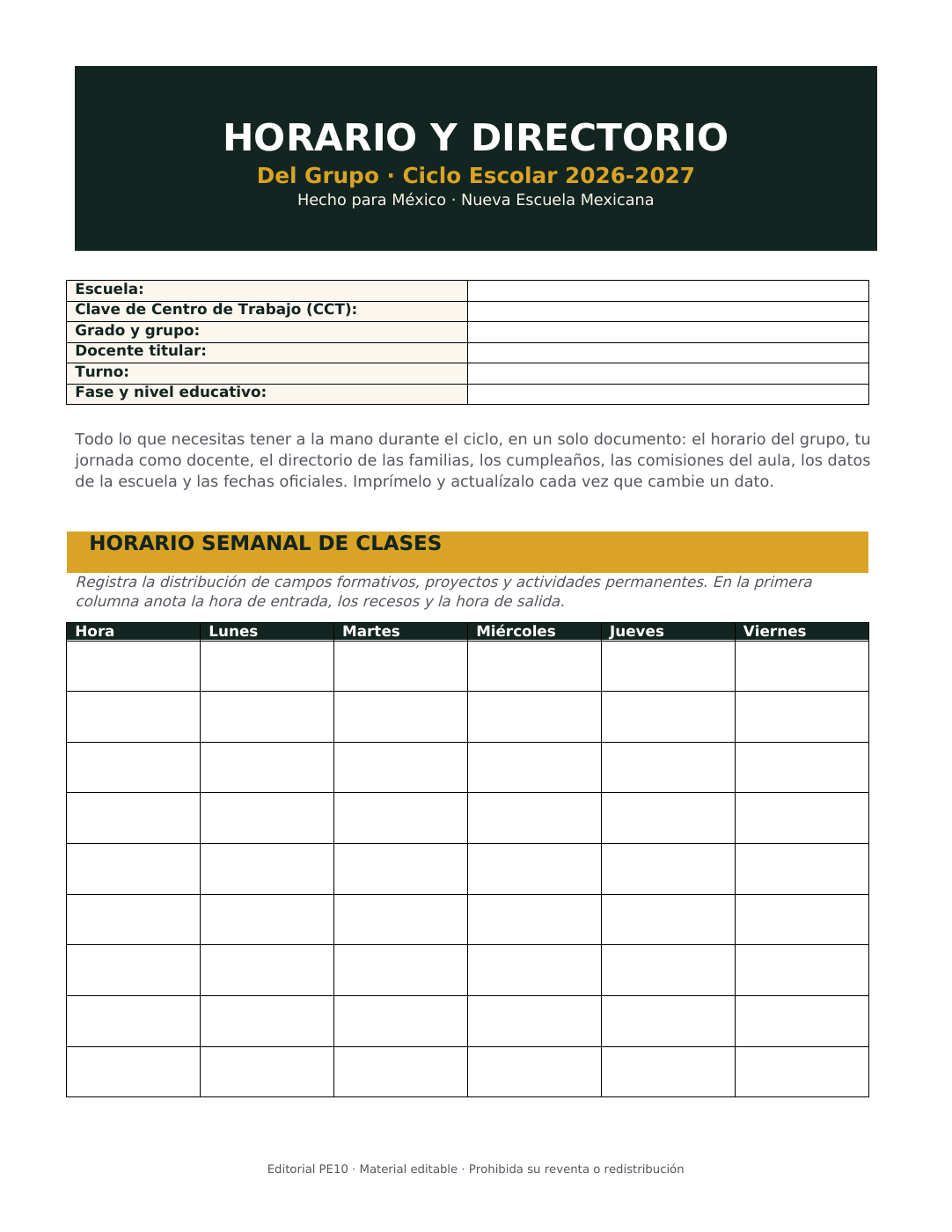Muestra de Horario y Directorio del Grupo 2026-2027 EDITABLE; primera página del PDF.
