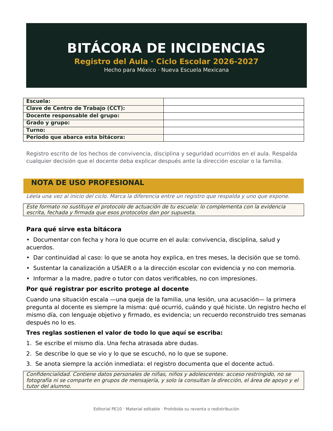 Muestra de Bitácora de Incidencias 2026-2027 EDITABLE; primera página del PDF.