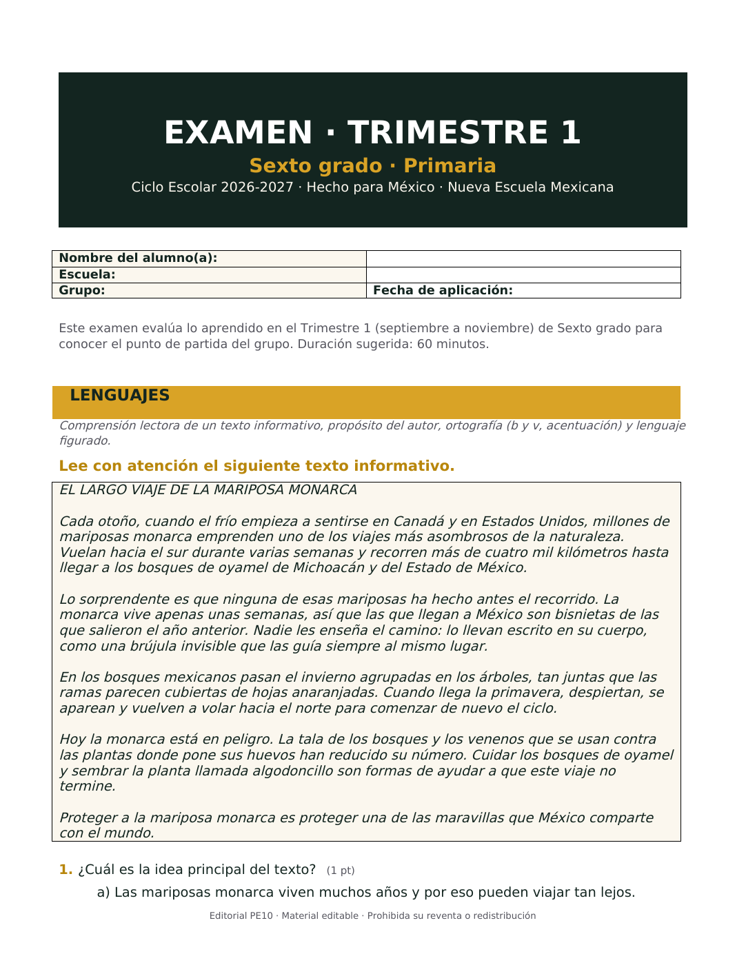 Muestra de Examen Primer Trimestre 6° Grado 2026-2027 (Editable); primera página del PDF.
