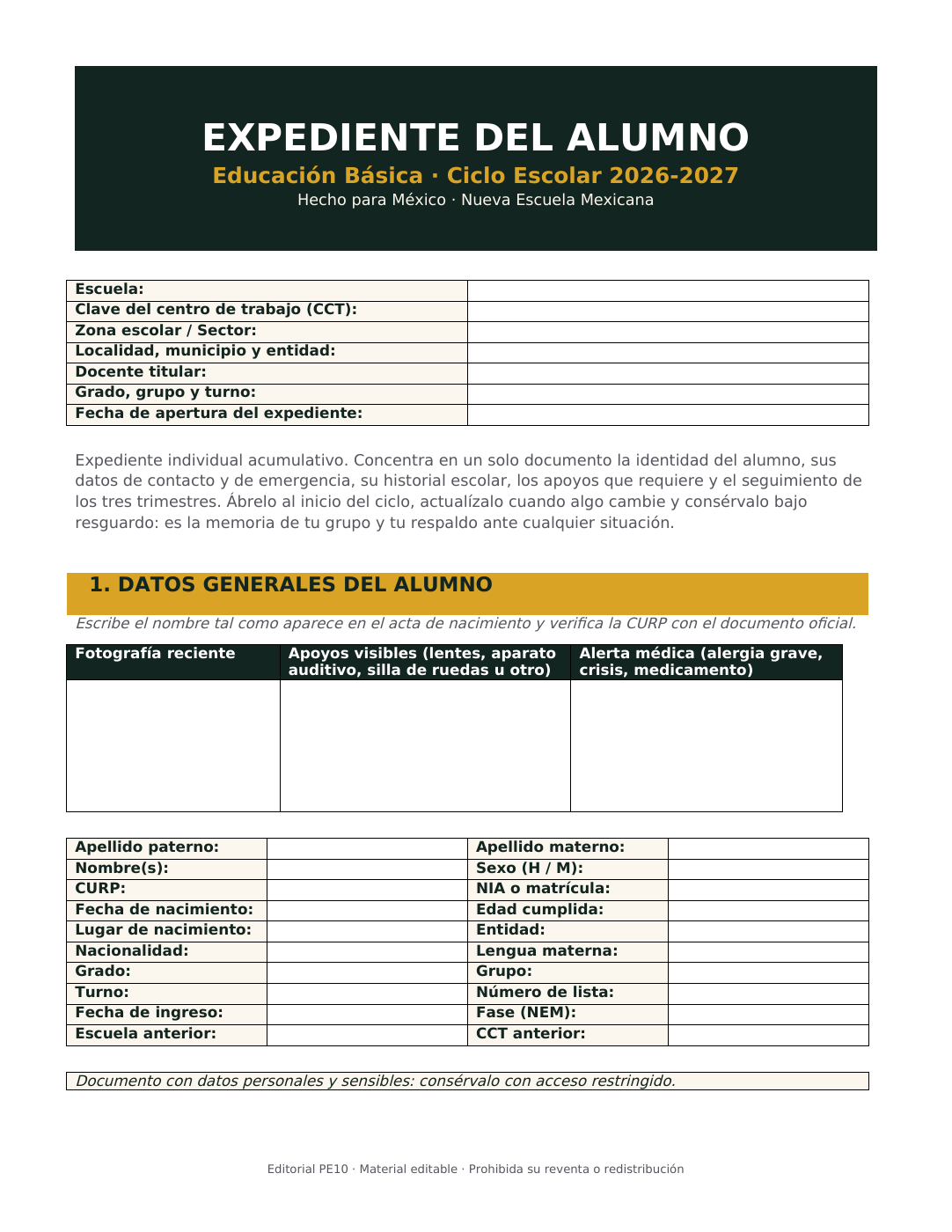 Muestra de uno de los recursos incluidos: Expediente del Alumno 2026-2027 EDITABLE (Word + PDF). Primera página de su PDF; no muestra todo el paquete.